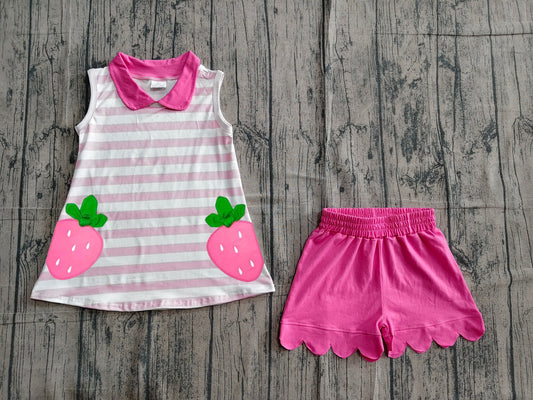 ( No moq ) Preorder Baby Girls Kids Embroidery Strawberry Stripes Tops Pink Scallop Shorts Set Clothes