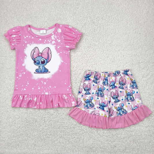 Baby Girl Short Sleeves Pink Shirt Floral Cartoon Shorts Summer Set RTS