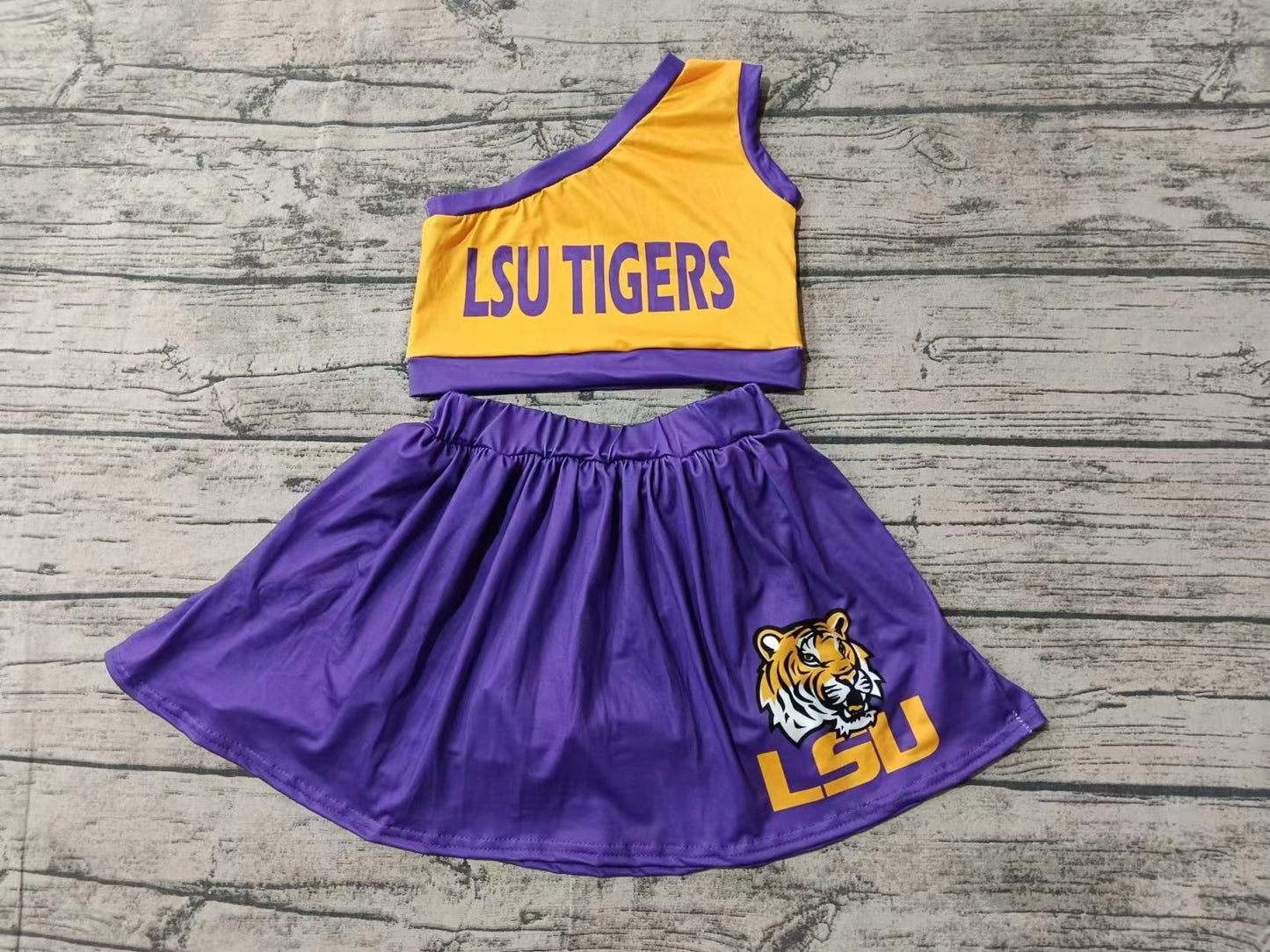 Baby Girl One Shoulder Tiger Tops Purple Skirt Team Set