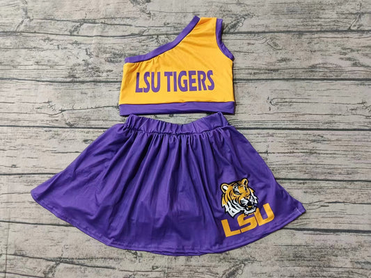 Baby Girl One Shoulder Tiger Tops Purple Skirt Team Set
