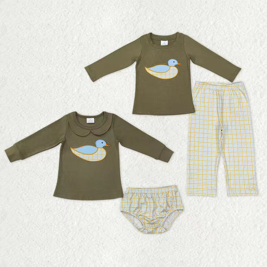 Sibling Baby Kids Long Sleeves Embroidery Ducks Shirts Plaid Bummie Pants Clothes Sets RTS