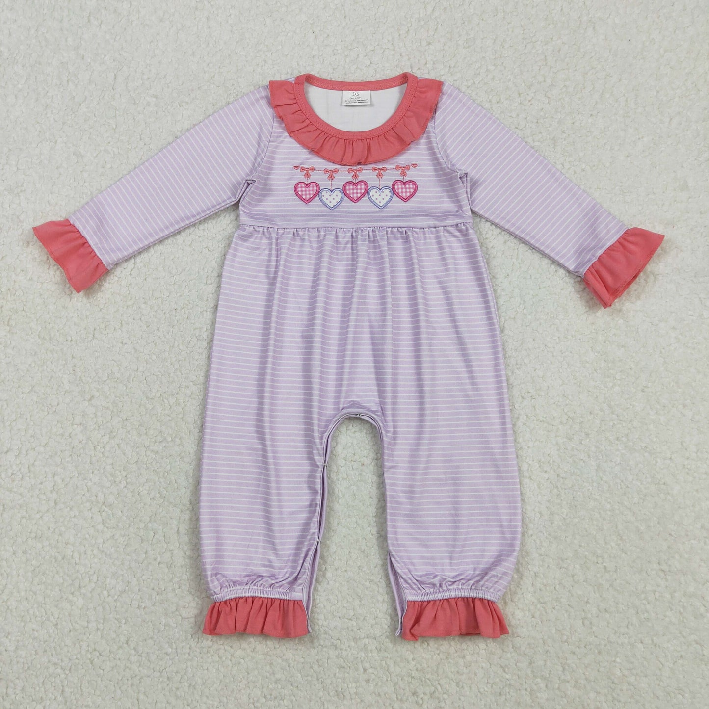 Girls Kids Embroidery Hearts Bows Stripes Valentine's Day Ruffle Romper RTS