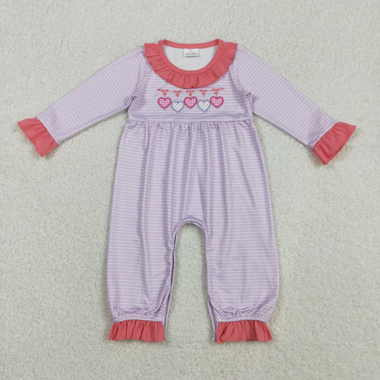 Girls Kids Embroidery Hearts Bows Stripes Valentine's Day Ruffle Romper RTS
