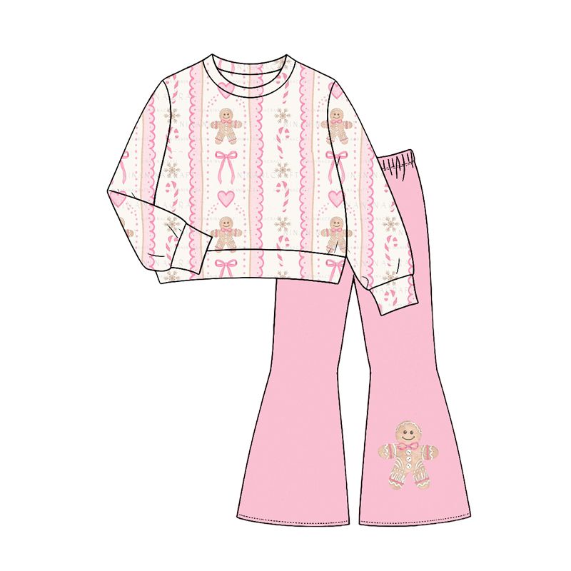 ( Moq 5 ) Preorder Baby Girls Kids Long Sleeves Gingerbread Bows Christmas Shirt Pink Pants Set Clothes