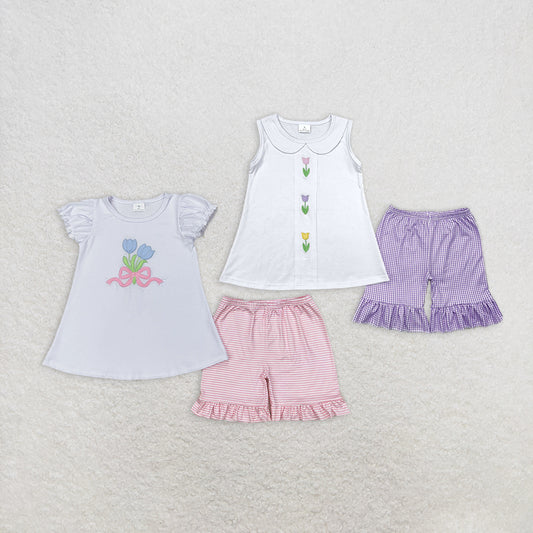 Baby Girl Embroidery Flower Bows Sibling Cotton Summer Sibling Clothes Set RTS