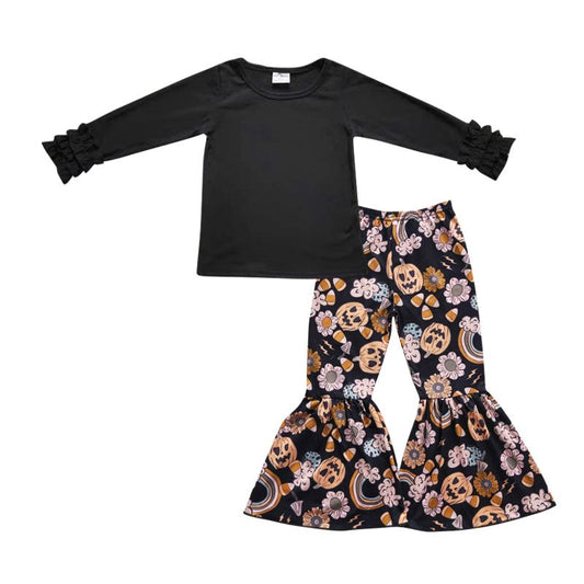 Baby Girl Long Sleeves Black Cotton Shirt Pumpkin Floral Bell Pants Halloween Outfit