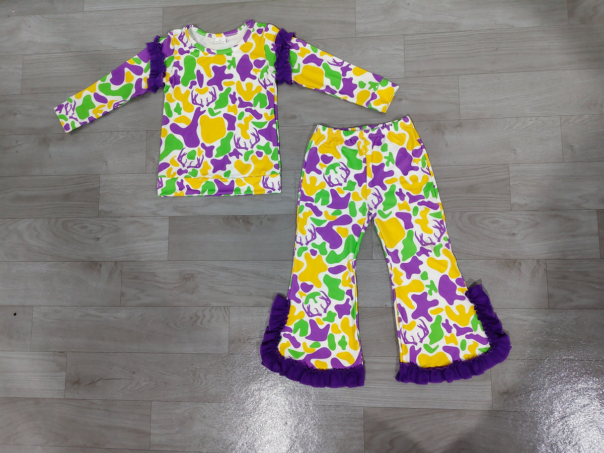( No moq ) Preorder Baby Girls Kids Long Sleeves Deer Camo Shirt Bows Pants Set Mardi Gras Clothes
