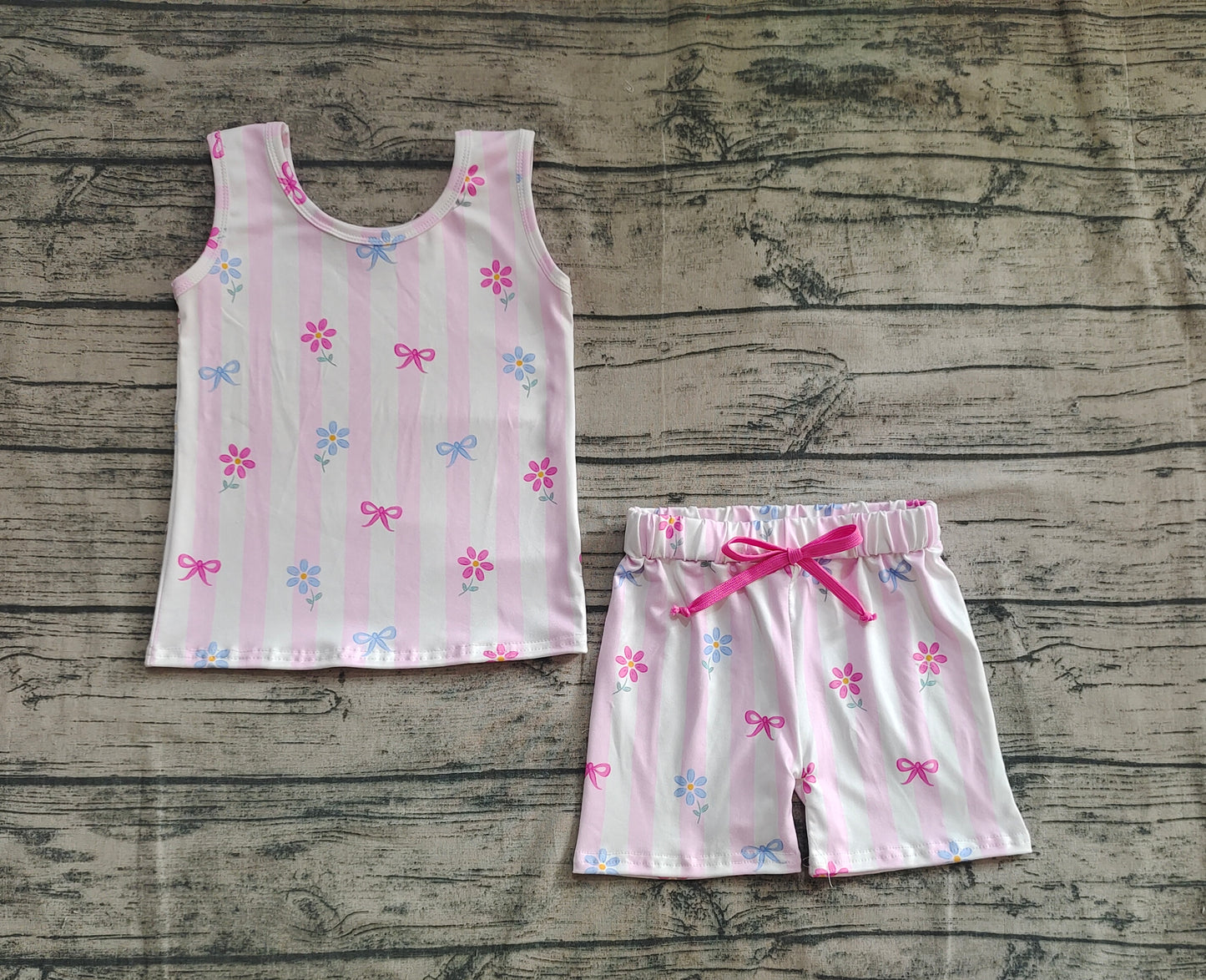 Baby Girl Sleeveless Flower Bows Stripes Tops Shorts Set RTS