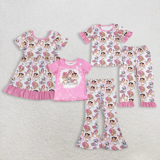 Sibling Baby Girls Kids Short Sleeves Cats Hearts Singer Dress Sets RTS