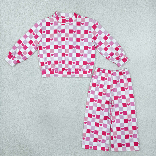 Baby Girls Kids Long Sleeves Hearts Checked Shirt Pants Set Valentine Clothes RTS