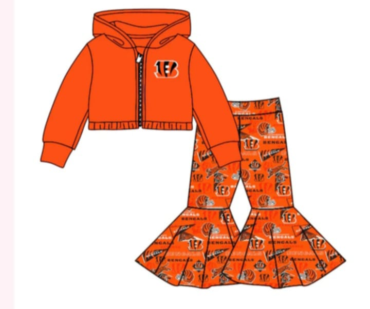 Baby Girl Long Sleeves Team Tiger Hoodie Tops Bell Pants Clothing Set Moq 5