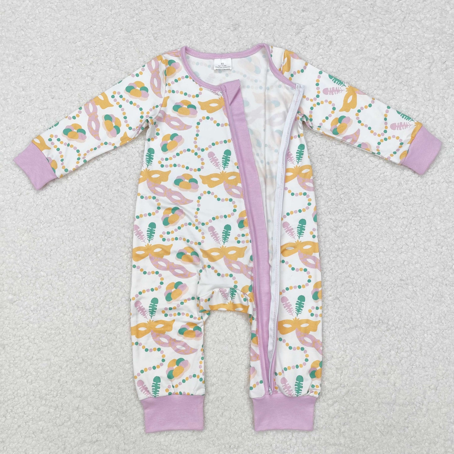 Baby Girl Infant Long Sleeves Mardi Gras Masks Purple Zipper Romper