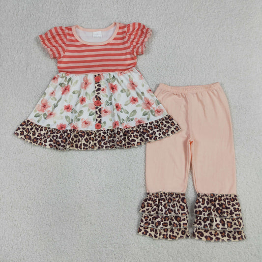 Baby Girl Short Sleeves Flower Stripes Tunic Leopard Ruffle Pants Clothes Set RTS