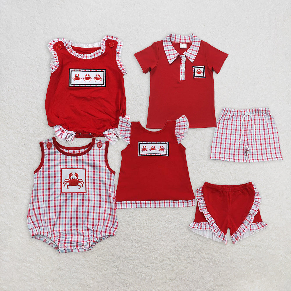 Baby Boy Girl Embroidery Crabs Checked Sibling Red Romper Clothes Set RTS