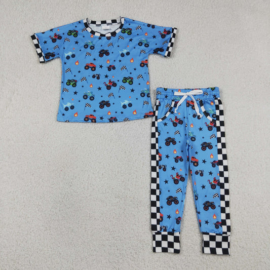 Baby Boys Kids Blue Short Sleeves Trucks Flags Shirt Pockets Pants Clothes Set RTS