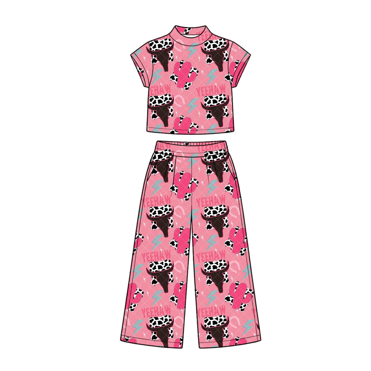 ( Moq 5 ) Preorder Baby Girls Kids Short Sleeves Cow Cactus Shirt Pockets Pants Set Western Clothes