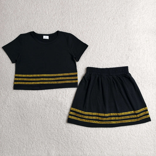 Baby Girls Kids Short Sleeves Stripes Shirt Skirt Shorts Set Black Cotton Clothes RTS