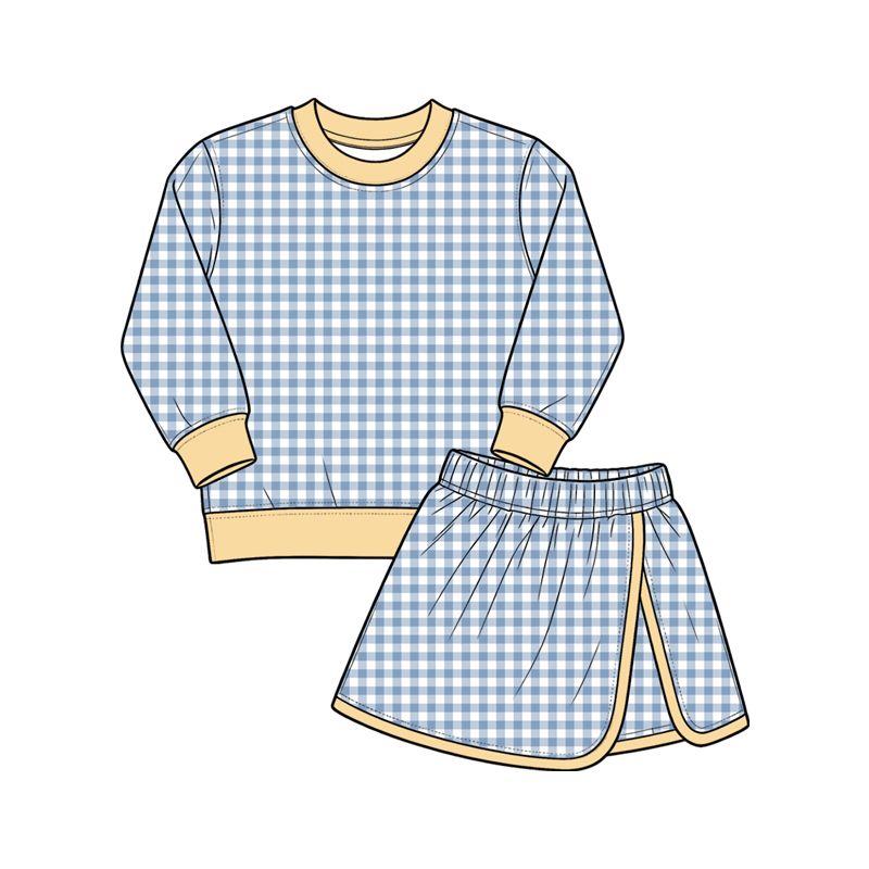 ( Moq 5 ) Preorder Baby Girls Kids Long Sleeves Light Blue Plaid Shirt Skirt Shorts Set Yoga Active Clothes