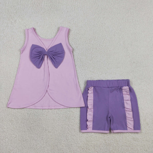 Baby Girls Kids Sleeveless Purple Bows Tops Ruffle Shorts Set Clothes RTS