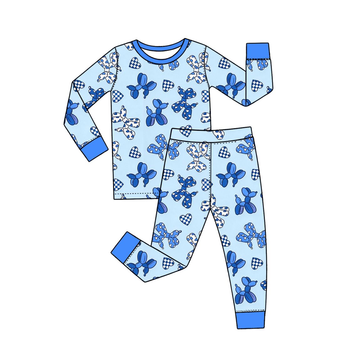 ( Moq 5 ) Preorder Baby Boys Kids Checked Hearts Dogs Shirt Pants Set Valentine Pajamas Blue Clothes