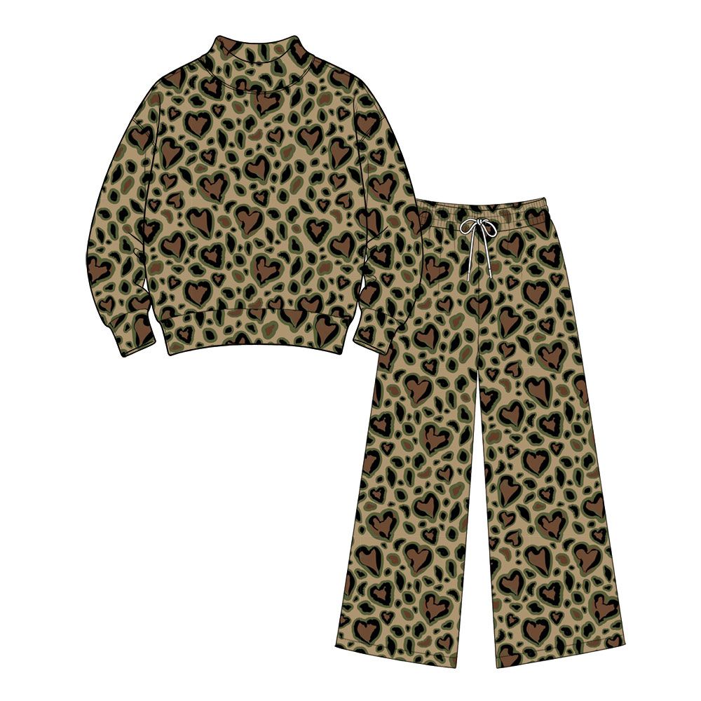( Moq 5 ) Preorder Adult Women Long Sleeves Hearts Leopard Shirt Pants Valentine Set Green Clothes