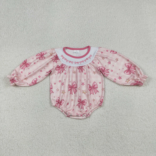 Baby Girls Infant Long Sleeves Embroidery Bows Hearts Stars Plaid Valentine Bubble Romper RTS