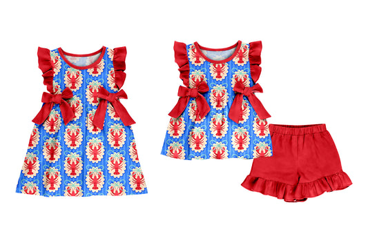 ( Moq 5 Each Style ) Baby Girls Kids Short Sleeves Crawfish Bows Sibling Dress Set