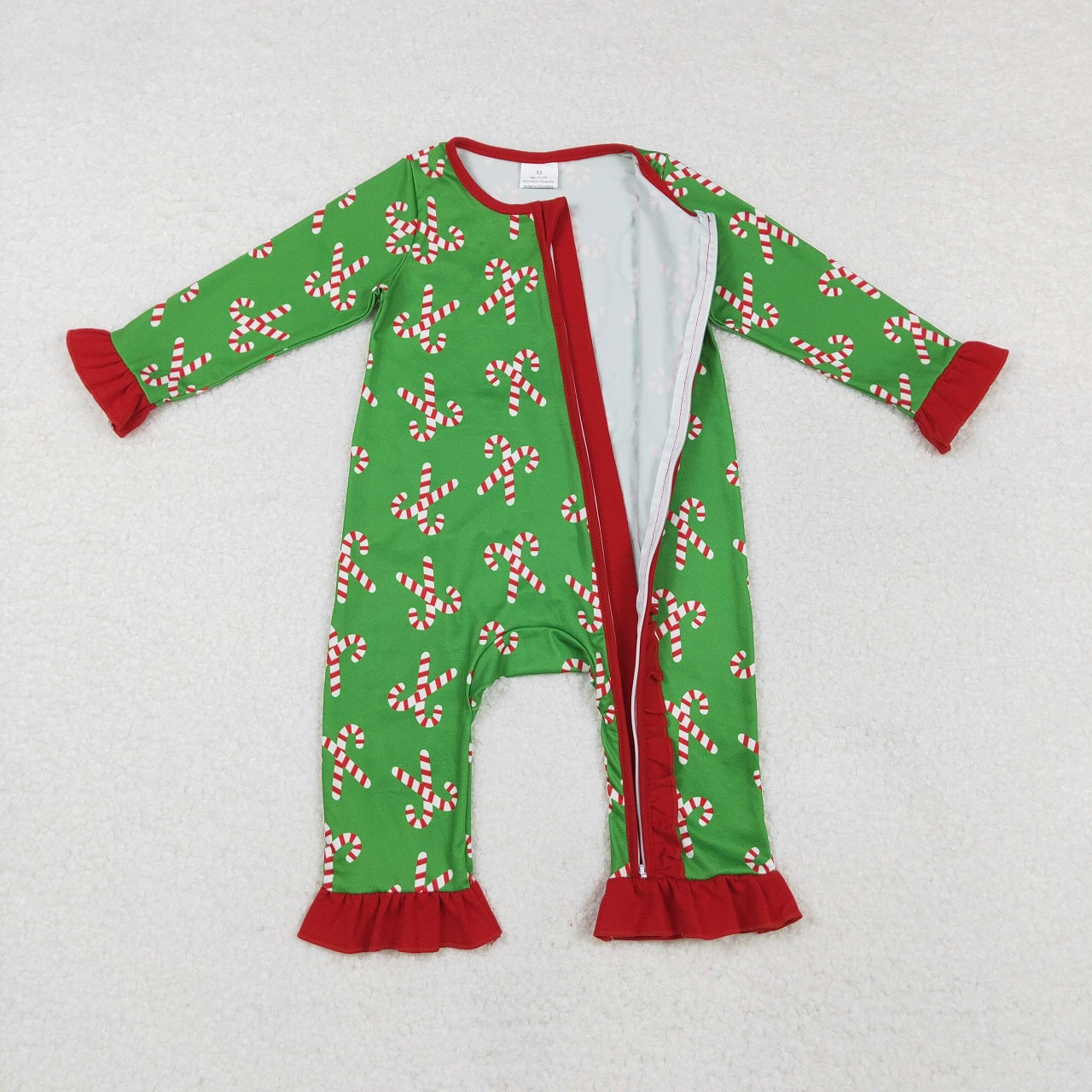 Sibling Boys Girls Christmas Candy Cane Zipper Romper Pajamas Green Set Clothes RTS