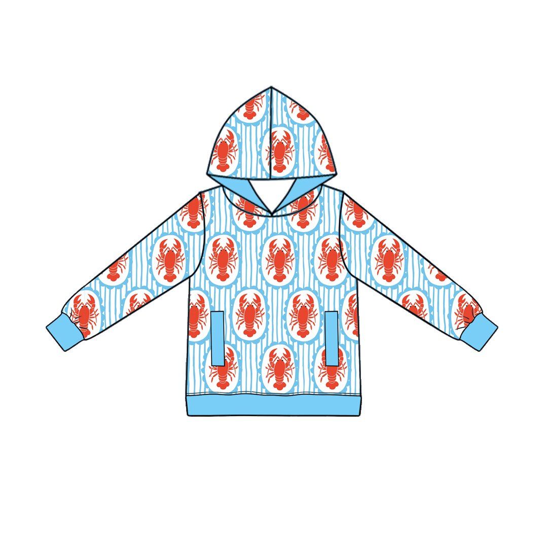 ( Moq 5 ) Preorder Baby Boys Kids Crayfish Blue Stripes Pockets Pullover Hoodie Shirt Clothes