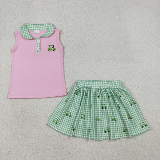 Baby Girls Kids Sleeveless Embroidery Golf Truck Pink Tops Green Plaid Skirt Clothes Set RTS