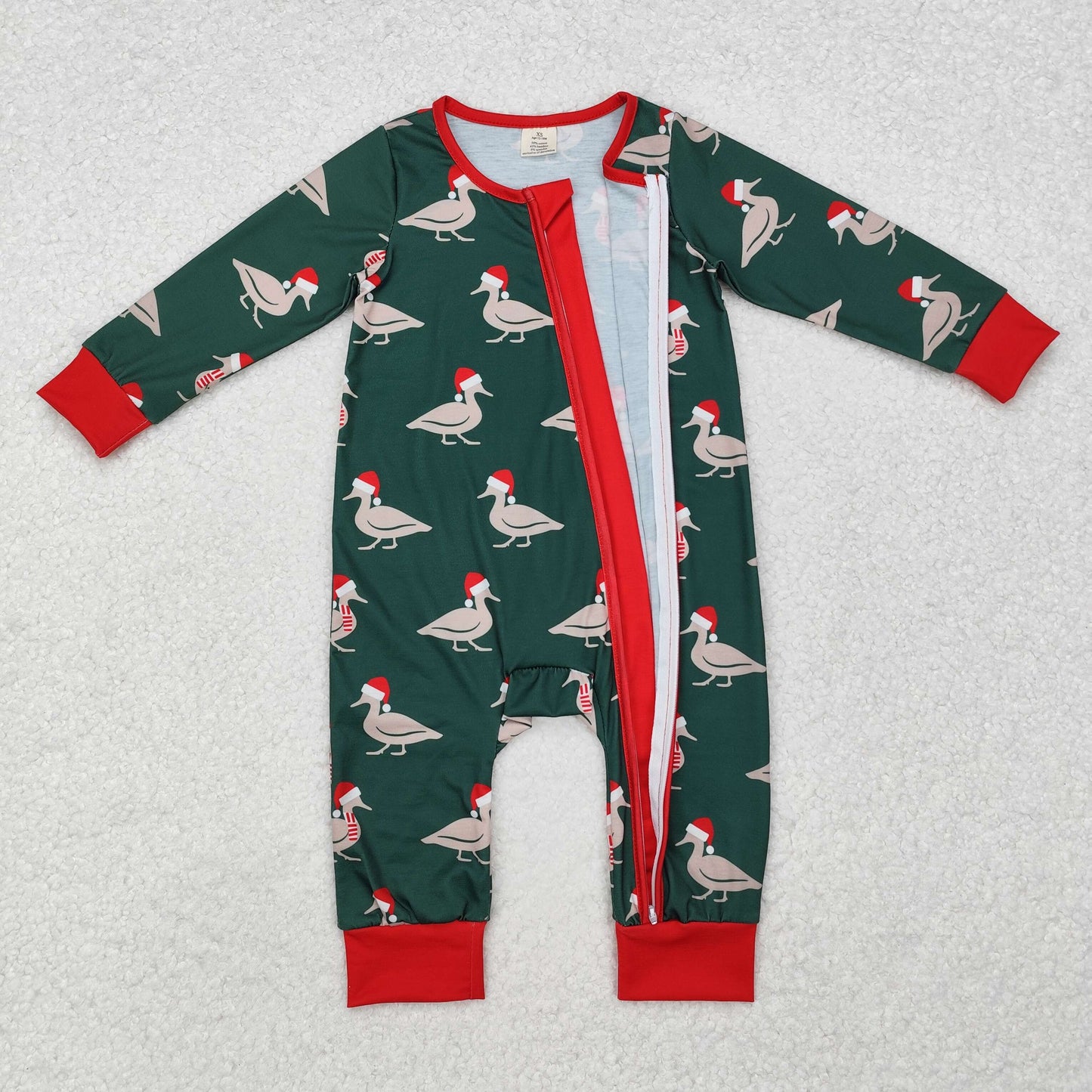 Baby Boy Infant Long Sleeves Christmas Ducks Zipper Green Romper