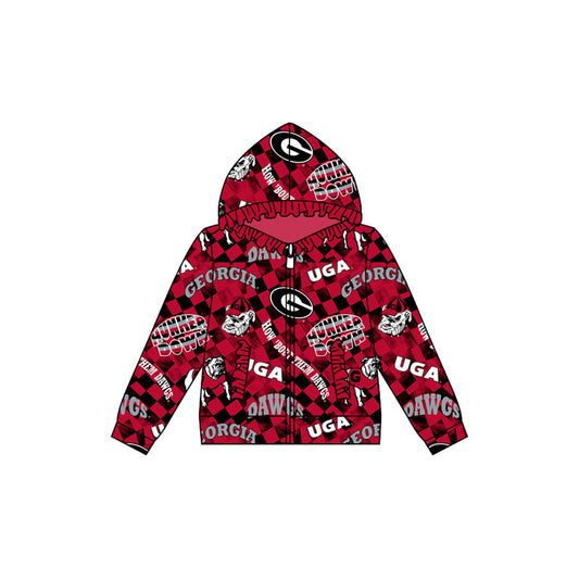 Baby Girl Long Sleeves Dog Team Checked Red Ruffle Hooded Zipper Pocket Coat Shirt Tops Moq 5
