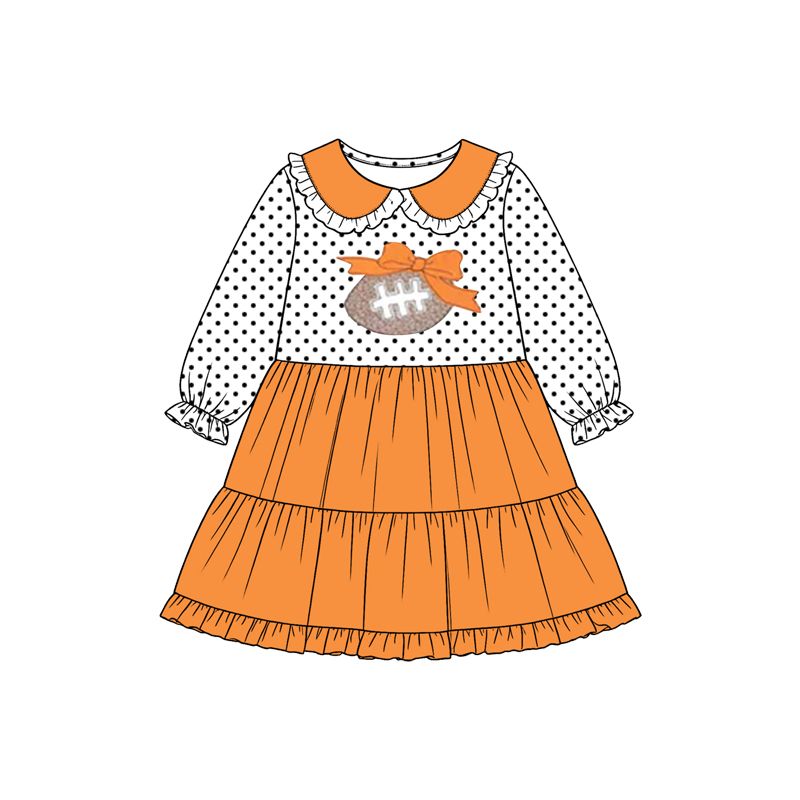 ( Moq 5 ) Preorder Baby Girls Long Sleeves Football Bows Knee Length Orange Dress Clothes