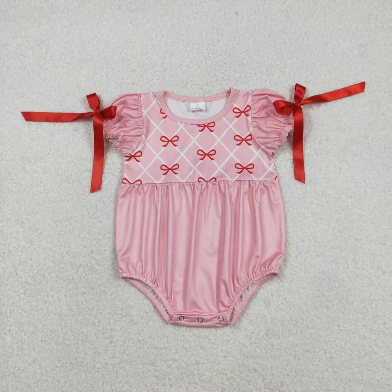 Sibling Baby Girls Kids Short Sleeves Bows Pink Bubble Romper Knee Length Dress RTS