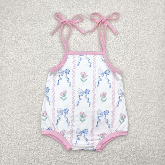 Baby Girl Infant Straps Blue Bows Flower Bubble Romper RTS
