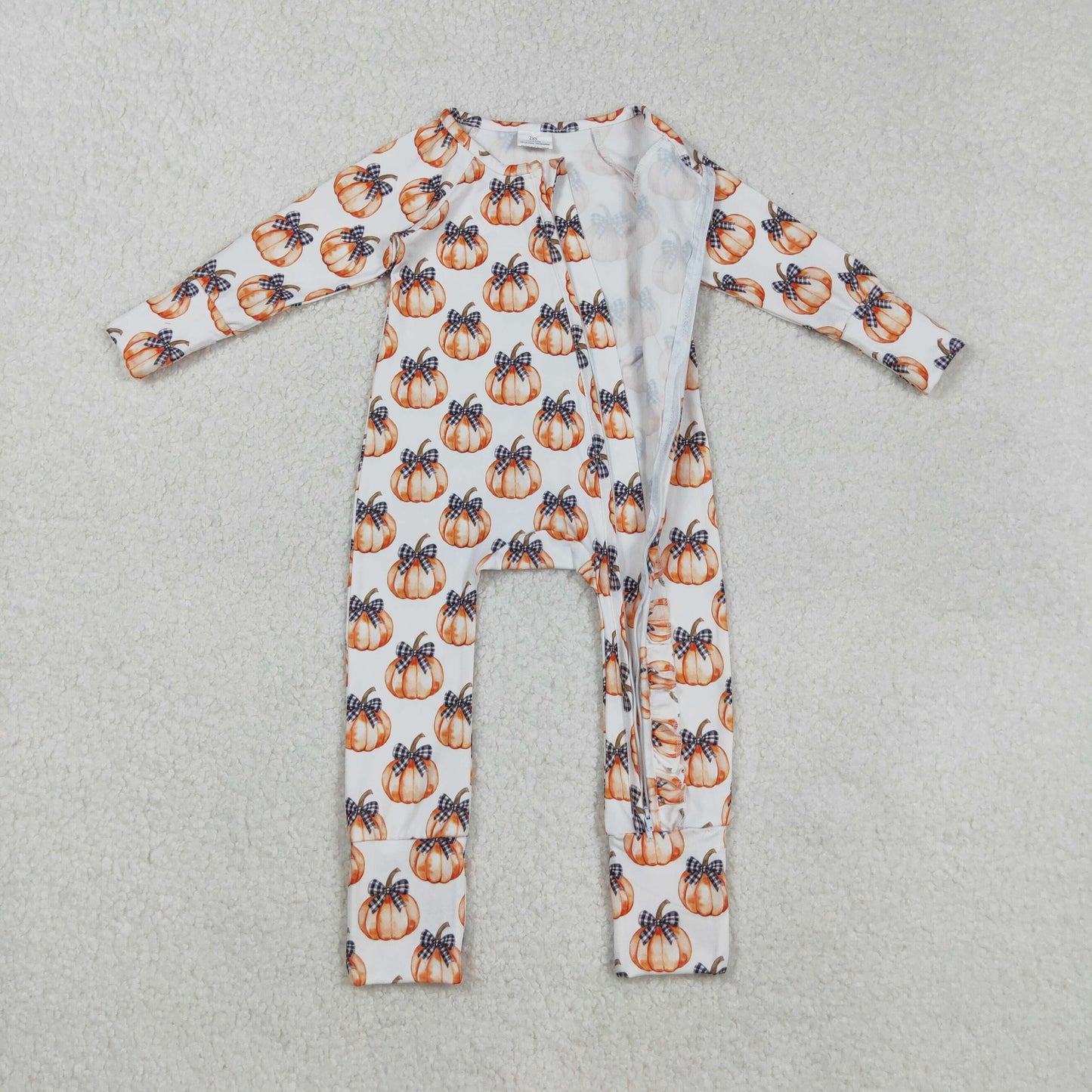 Baby Girl Infant Long Sleeves Pumpkin Bows Ruffle Zipper Fall Romper RTS