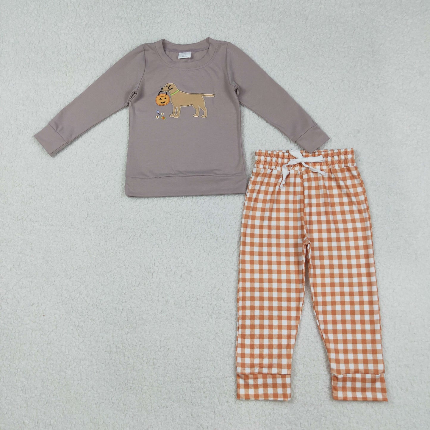Baby Boy Long Sleeves Embroidery Pumpkins Dog Shirt Plaid Pants Halloween Set RTS