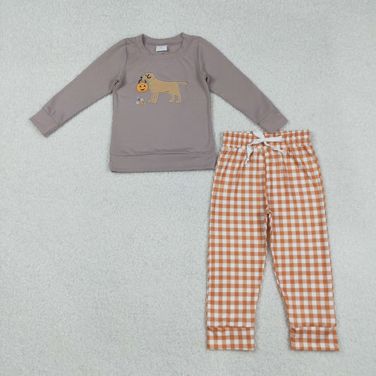 Baby Boy Long Sleeves Embroidery Pumpkins Dog Shirt Plaid Pants Halloween Set RTS