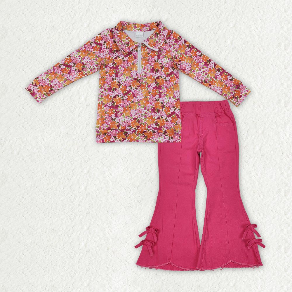 Baby Girls Long Sleeves Flower Zipper Shirt Hot Pink Jeans Denim Pants Set Clothes RTS