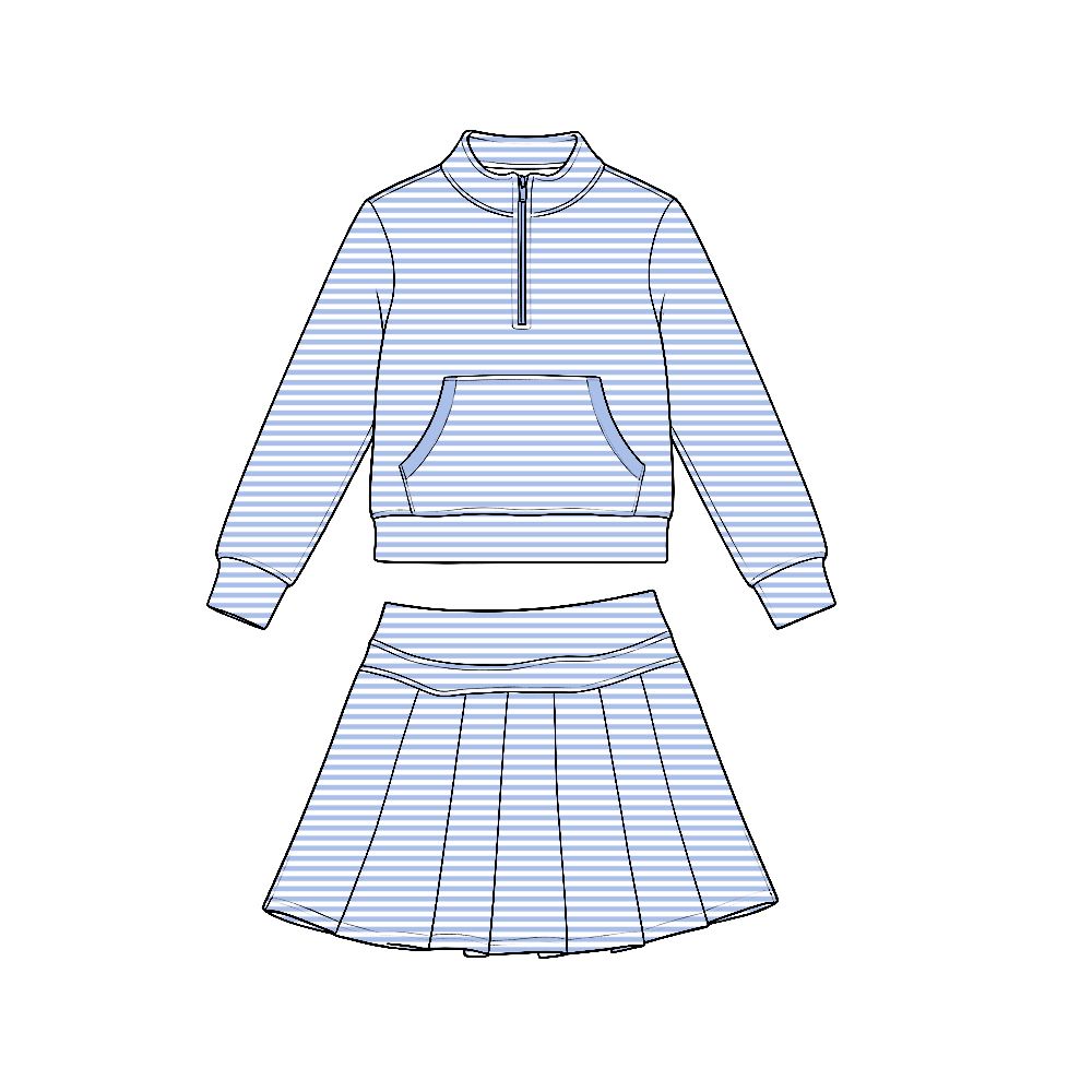 ( Moq 5 ) Preorder Baby Girls Kids Long Sleeves Blue Stripes Zipper Shirt Skirt Shorts Set Yoga Active Clothes