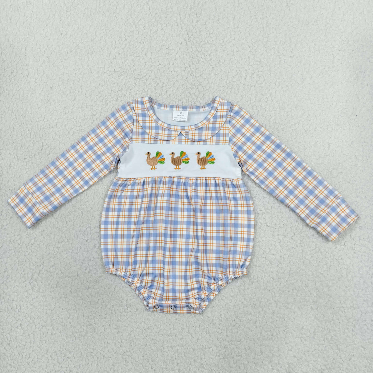 Baby Boy Kids Long Sleeves Embroidery turkey Thanksgiving Plaid Bubble Romper Clothes RTS