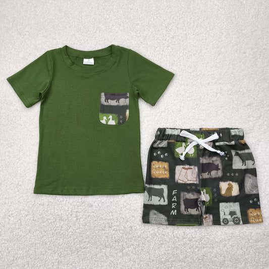 Baby Boy Short Sleeves Green Shirt Farm Animals Shorts Clothes Set RTS