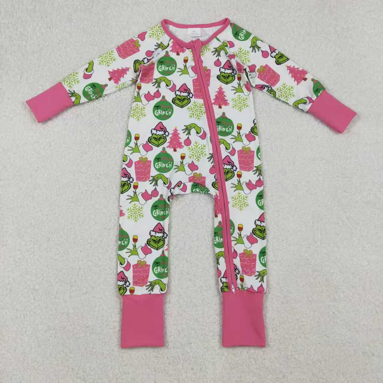 Sibling Girls Kids Long Sleeves Green Face Tree Christmas Zipper Romper Dress Set RTS