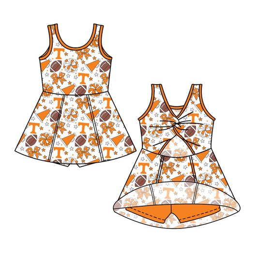( Moq 5 ) Baby Girls Toddler Sleeveless Orange Bows Cheer Football Shorts Ruffle Dress Team Clothes