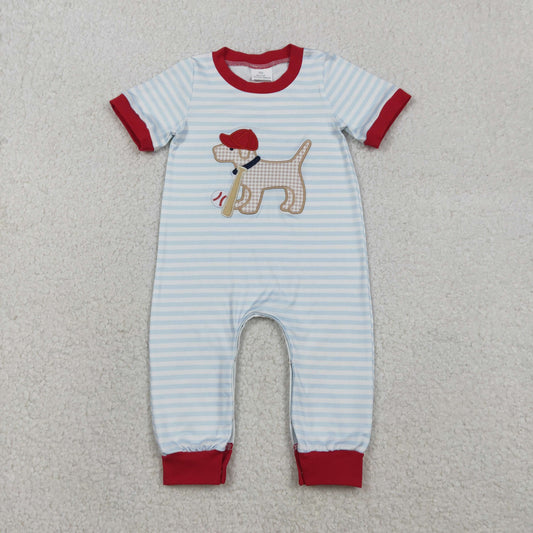 Baby Boys Short Sleeves Embroidery Dog Baseball Blue Stripes Buttons Romper RTS