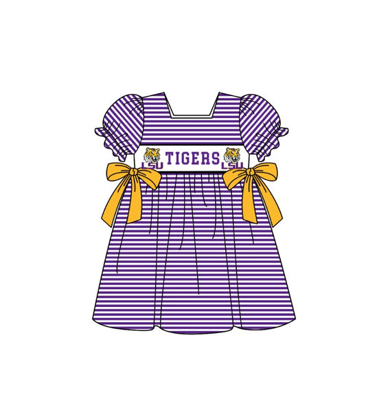 ( Moq 5 ) Baby Girls Toddler Short Sleeves Tigers Bows Purple Stripes Knee Length Dress