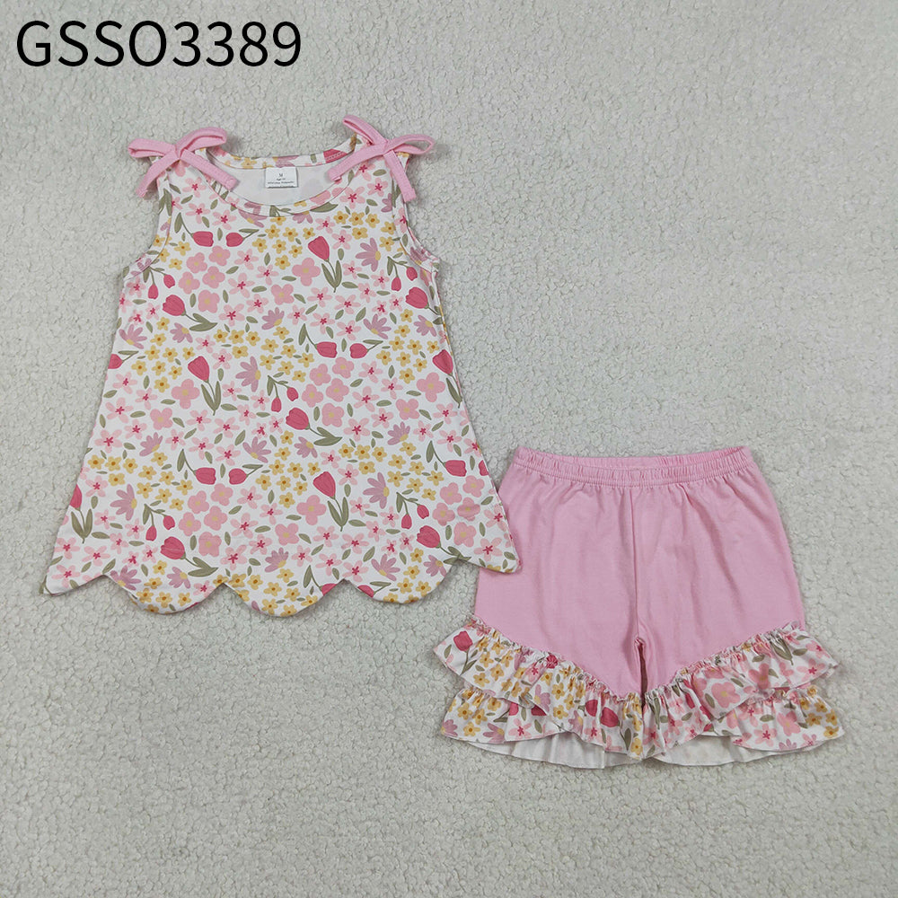 Baby Girls Kids Pink Bows Floral Scallop Tops Ruffle Shorts Summer Set RTS