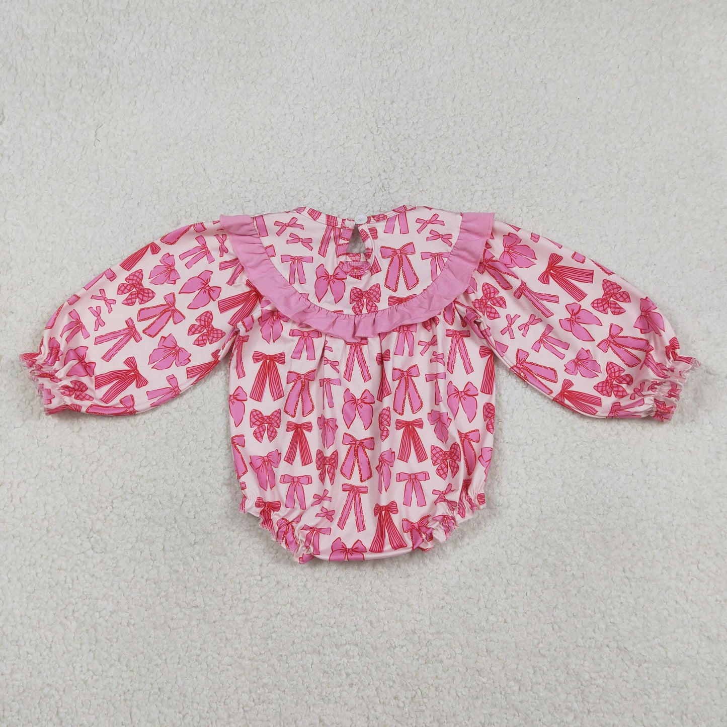 Baby Girls Long Sleeves Embroidery Smocked Daddy's Valentine Pink Bows Bubble Romper
