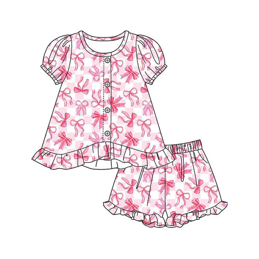 ( Moq 5 ) Preorder Baby Girls Kids Short Sleeves Pink Bows Plaid Tops Ruffle Shorts Set Clothes