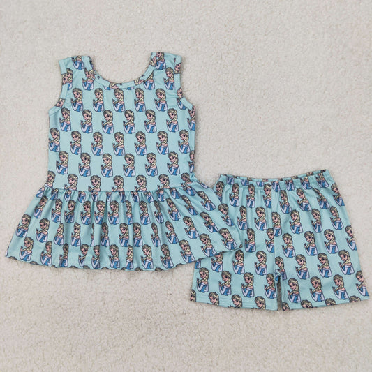 Baby Girl Sleeveless Princess Blue Tops Shorts Clothes Set RTS
